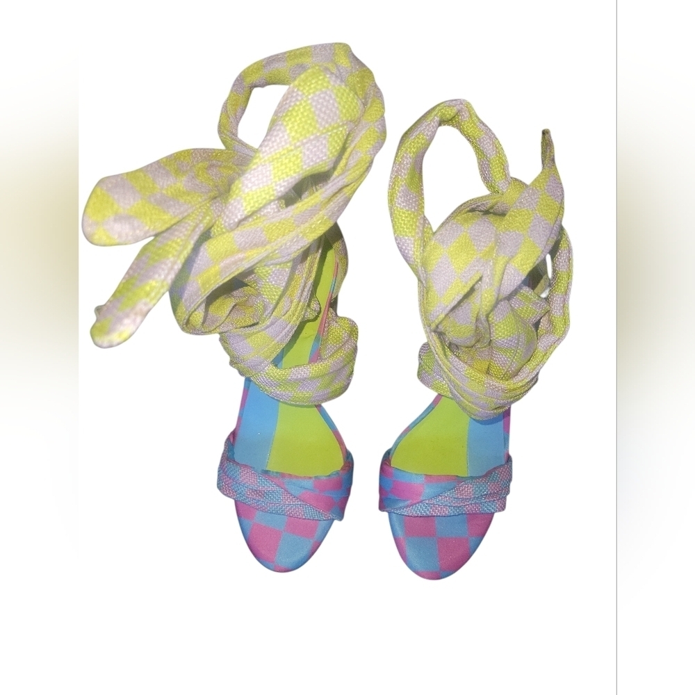 Gianni Bini Astraahh Checkered Colorful Ankle Wrap Block Heels 5.5M - Picture 7 of 9